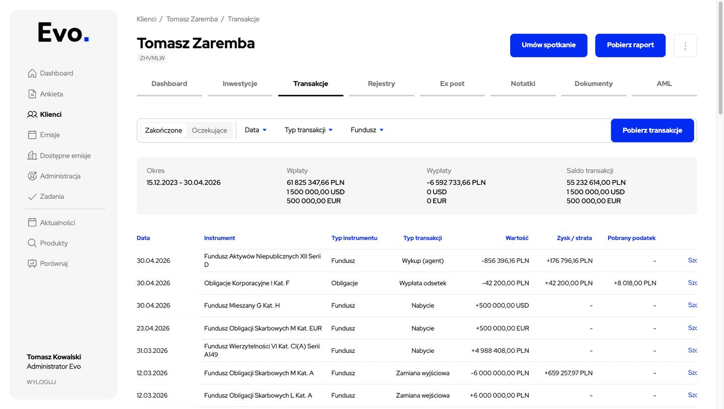 Evo Online – historia transakcji i rozliczeń